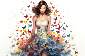 illustration of a ballerina in a dress, on a background of colorful butterflies. Created with Generative AI