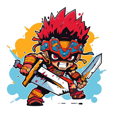 chibi warrior man brandishing a sword in anime style. Warrior Monster game character design image.