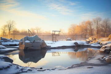 a frozen outdoor natural pool captured in the early morning light