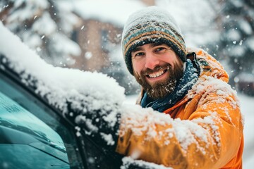 Fototapeta premium young man cleaning the accumulated snow from his car