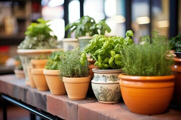 ceramic pots containing a variety of fresh herbs - obrazy, fototapety, plakaty