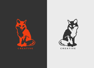 Silhouette full body fox cartoon. silhouette cartoon fox sitting . Fox logo design.
