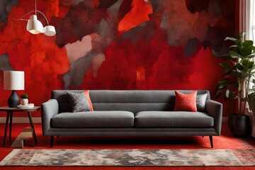 a vivid and detailed description of the modern gray sofa positioned in front of a vibrant red solid color pattern wall, highlighting its design elements, texture, and overall aesthetic