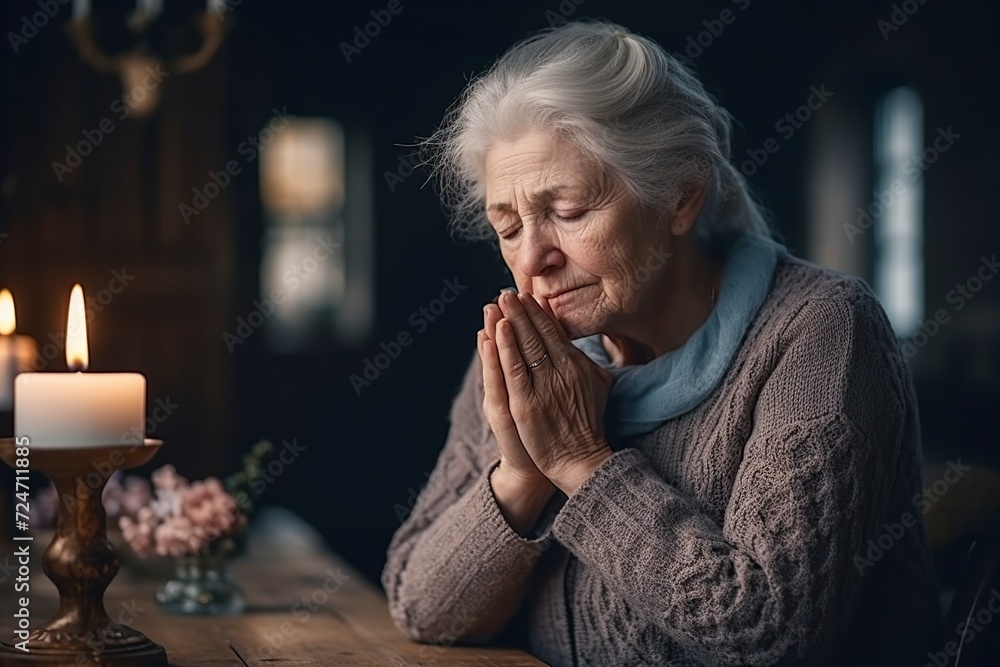 Wall mural sad and angry grandmother praying for help from our lord Jesus Christ