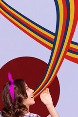 Vertical collage picture illustration happy excited cheerful young woman hold colorful striped...