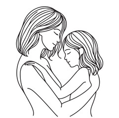 Line drawing of mother is hugging her daughter. Black and white