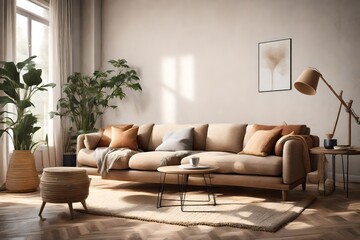  a cozy living room, showcasing a stylish sofa against a subtly decorated wall, emphasizing the integration of natural materials in the interior design using generative AI