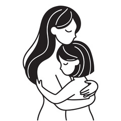 Line drawing of mother is hugging her daughter. Black and white