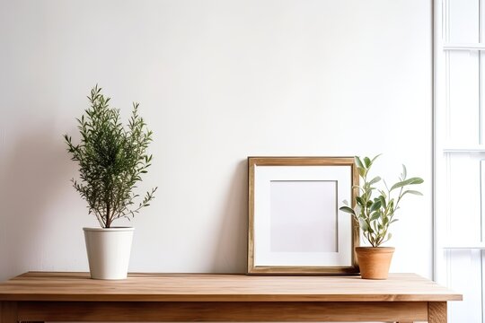 On a wooden desk with a white wall background and a white picture frame with a micro leaf green plant tree in a silver pot as a small home decoration, there is a copy area