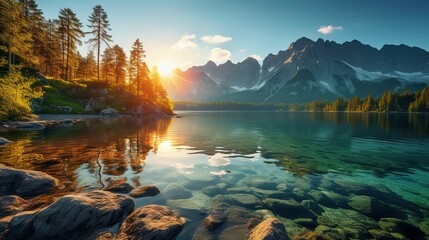 Impressive summer sunrise on Eibsee lake with Zugspitze mountain range. Sunny outdoor scene in German Alps, Bavaria, Germany, Europe. Beauty of nature - Powered by Adobe