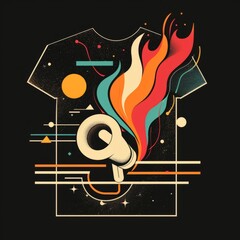 T-shirt design featuring representation of a flaming speaker