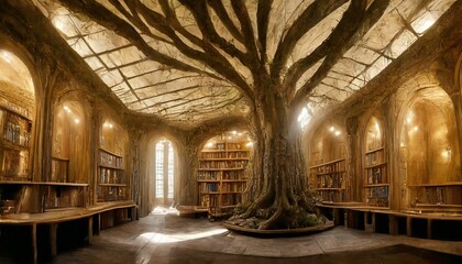 Fototapeta na wymiar roots of epic tree contain large interior of beautiful underground steampunk library