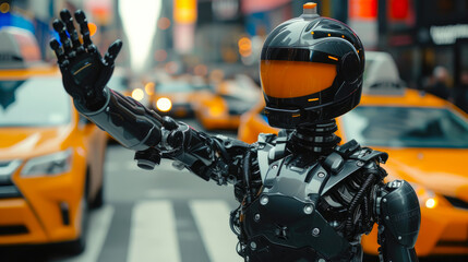 Robotic Figure in Full Face Helmet Flagging Taxi