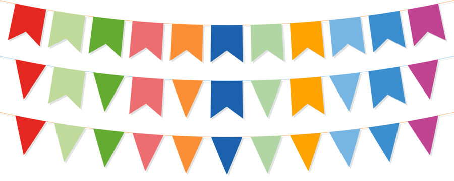 Party bunting flags in pastel palette. Garland flags vector illustration. Vintage Festive party decoration element isolated on transparent backtround.