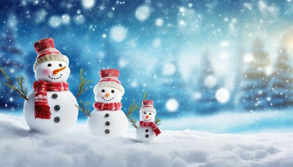 merry christmas and happy new year greeting card with copy space for text cute snowman for happy christmas and new year banner happy snowman family standing in winter snow background