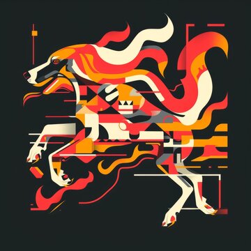 T-shirt design featuring representation of a flaming racing dog
