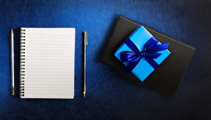 blue gift box and notebook on dark blue background greeting card for businessmen