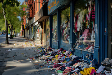 A mountain of clothes spills out into the street from stores. Overconsumption problem concept