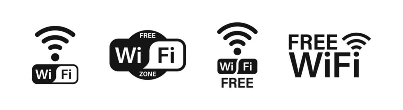 Free Wi-Fi. WiFi icon set. Internet connection symbols. Wireless internet symbols. Wifi zone