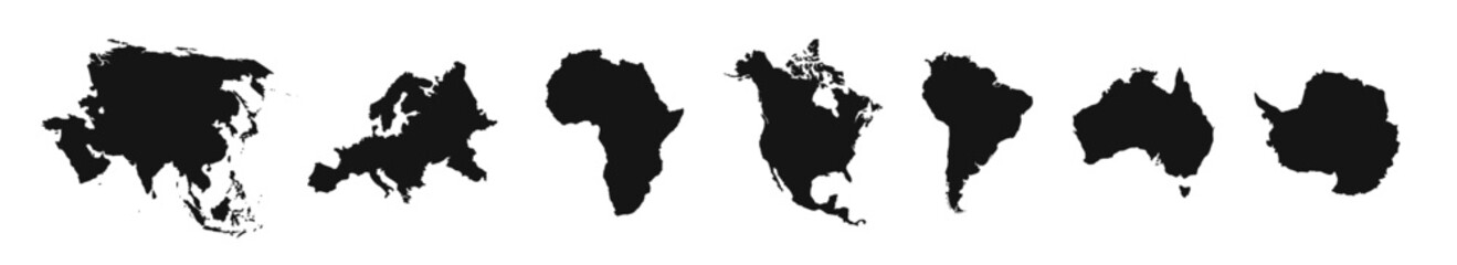 World continents silhouettes. World map icons. Europe, Asia, America, Africa, Australia continents