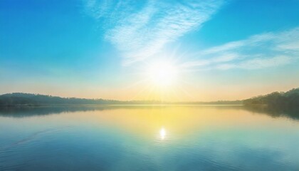 Fototapeta na wymiar sun rising in the morning beautiful banner on lake background