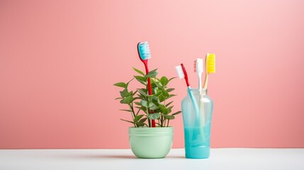 Mouthwash, toothpaste and brightly colored toothbrushes, dental floss for oral care. A plant in a pot - obrazy, fototapety, plakaty