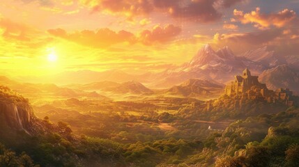 Obraz premium Beautiful panorama view of the valley and mountains at sunset.