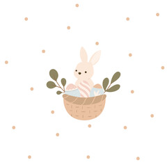 Easter bunny in a basket with eggs