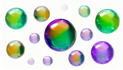 set of colorful spheres soap bubbles isolated on white background crystal glass bubbles