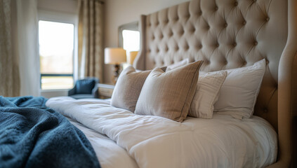Elegant Cozy Bedroom Interior.
Cozy and elegant bedroom interior with a soft beige tufted headboard and comfortable bedding.