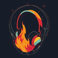 T-shirt design featuring representation of a flaming headphone