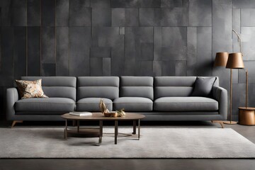 a vivid description of a contemporary modular sofa placed elegantly against a sleek slate gray solid color pattern wall