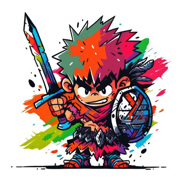 chibi warrior man brandishing a sword in anime style. Warrior Monster game character design image.