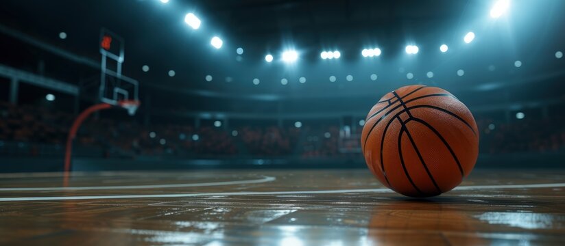 Close up of basketball on arena stadium court floor with spotlights. AI generated images