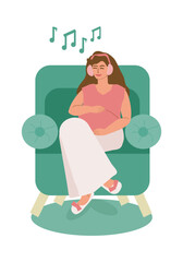 A young pregnant woman sits in a soft chair, smiles and listens to music on headphones alone. Relaxation, meditation, maternity leave, motherhood, resting at home. Vetcore color illustration