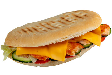 Sandwich with fried chicken. Grilled chicken, vegetables and cheese in a pita sandwich. Sandwich in pitta with fried fish, lettuce, cucumber and cheese