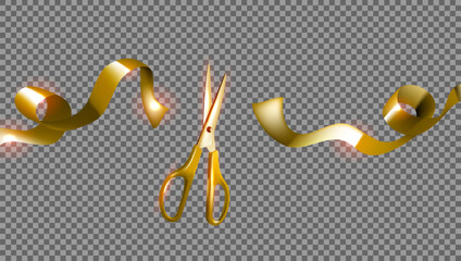 Golden Scissors Cut Ribbon. Grand Opening Ceremony