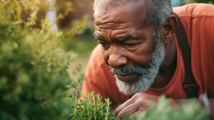 Elderly man harvesting herbs in a garden.