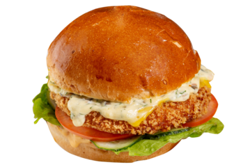 Burger with cutlet, spreading sauce and vegetables