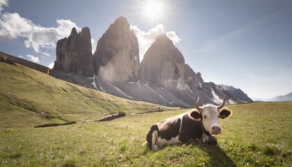 beautiful cow resting on a mountain meadow at the dolomites trentino alto adige south tyrol in italy - obrazy, fototapety, plakaty