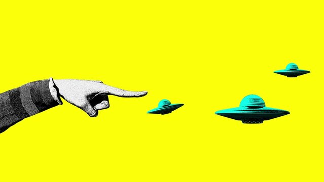 Male hand pointing at ufo against yellow background. Science of cosmos. Stop motion, animation. Concept of y2k style, creativity, surrealism, abstract art, imagination. Colorful design