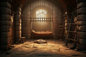 An unfilled detention cell featuring metallic bars and a window. A digitally-rendered 3D representation of a medieval underground chamber. Generative AI