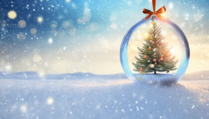 Fototapeta na wymiar glowing christmas tree in a bauble over snowy background with copy space