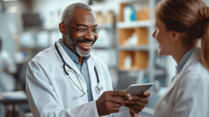 Smiling doctor at the clinic while using tablet and talking to his patient, nurse on background. healthcare and professionalism concept.