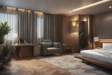  Modern hotel room with a sofa, desk and bed in the center of an elegant interior design