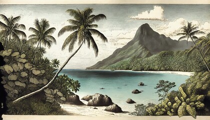 vintage illustration of french polynesia tropical - obrazy, fototapety, plakaty