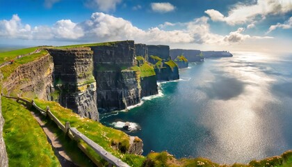 the cliffs of moher irelands most visited natural tourist attraction are sea cliffs located at the southwestern edge of the burren region in county clare ireland - obrazy, fototapety, plakaty