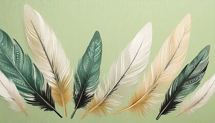 beautiful decorative feathers on a light pistachio background interior printing the mural art