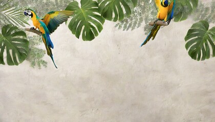 tropical leaves on top with flying parrots the background is textured plaster