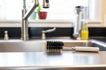 a scrub brush resting at the edge of a stainless steel sink